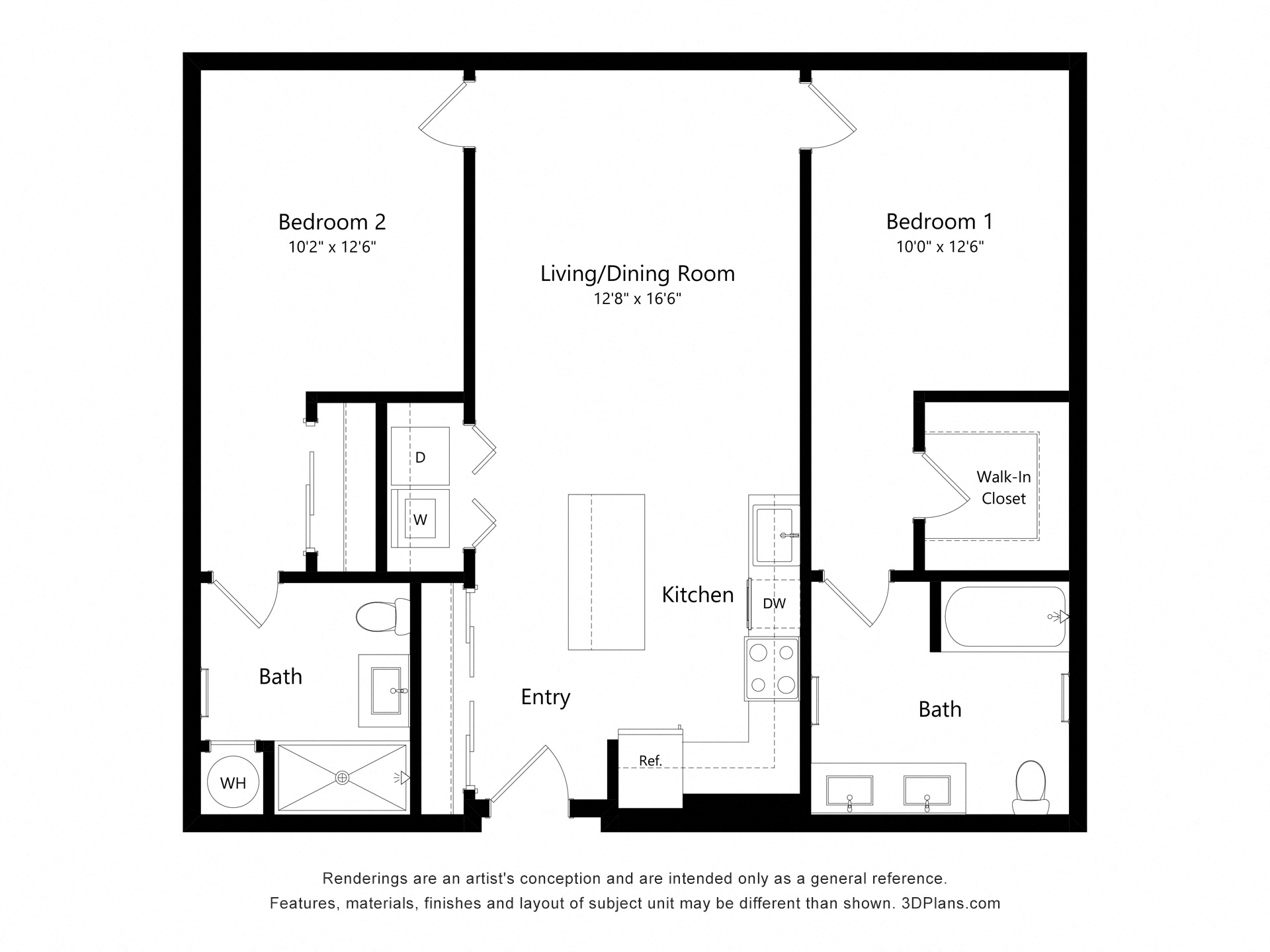 Floor plan for 2 beds, 2 baths, 967 sqft
